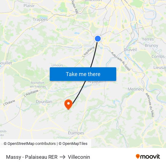 Massy - Palaiseau RER to Villeconin map