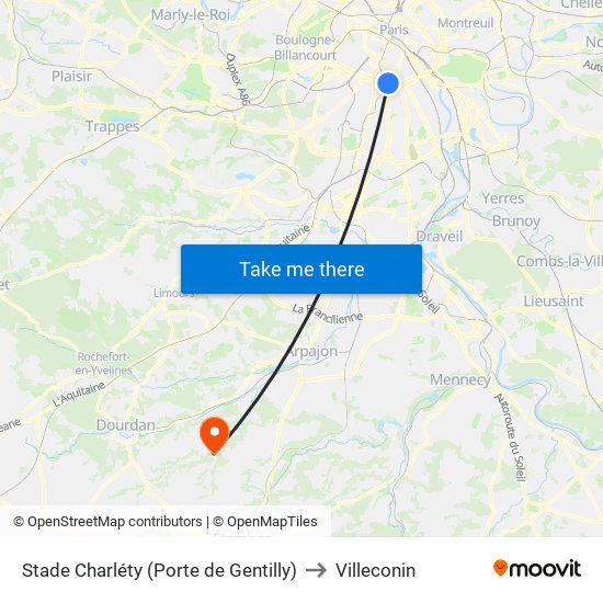 Stade Charléty (Porte de Gentilly) to Villeconin map