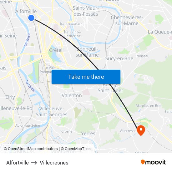 Alfortville to Villecresnes map