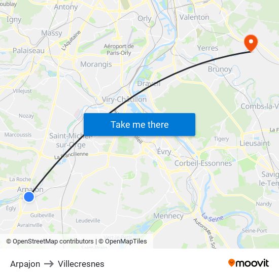 Arpajon to Villecresnes map