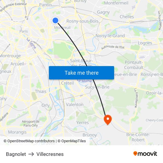 Bagnolet to Villecresnes map