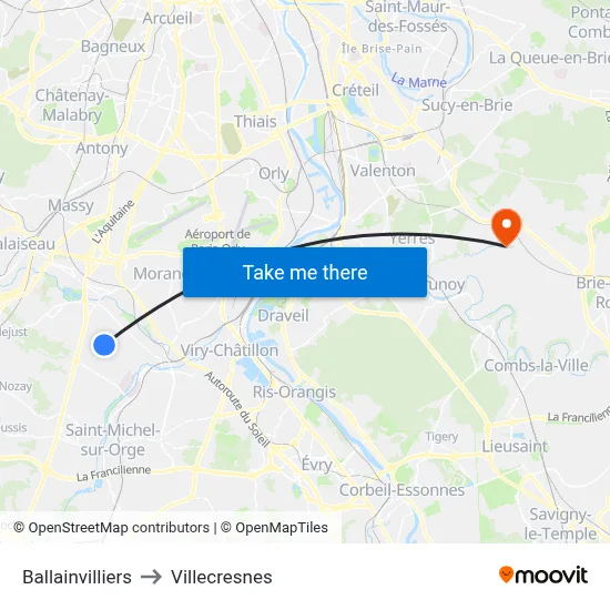 Ballainvilliers to Villecresnes map