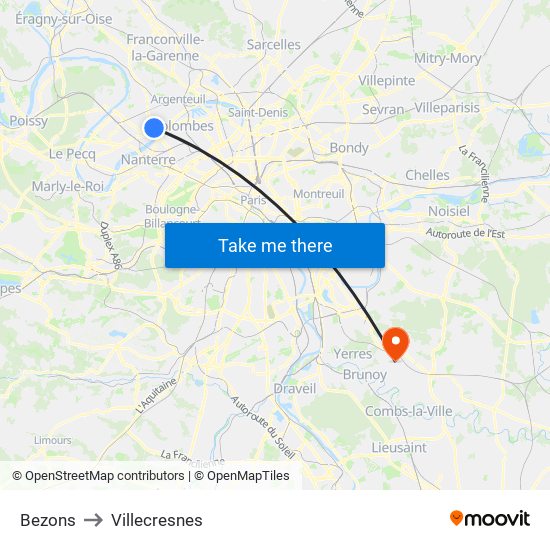 Bezons to Villecresnes map
