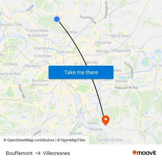 Bouffemont to Villecresnes map