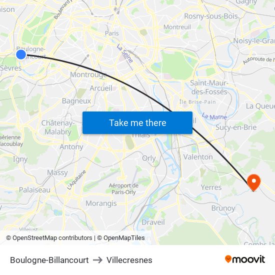 Boulogne-Billancourt to Villecresnes map