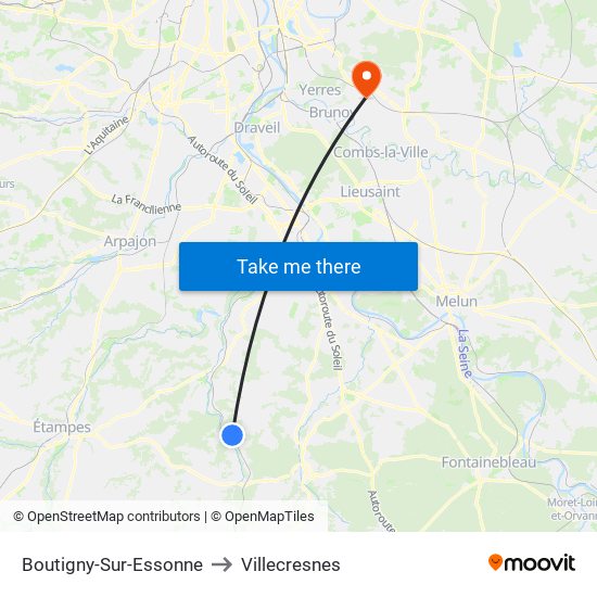Boutigny-Sur-Essonne to Villecresnes map