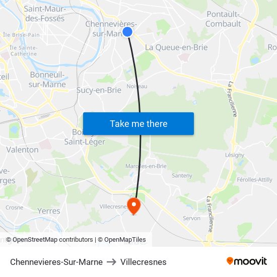 Chennevieres-Sur-Marne to Villecresnes map