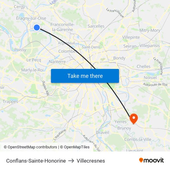 Conflans-Sainte-Honorine to Villecresnes map