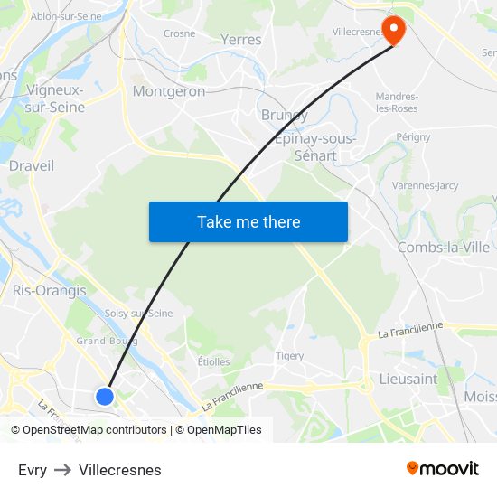 Evry to Villecresnes map