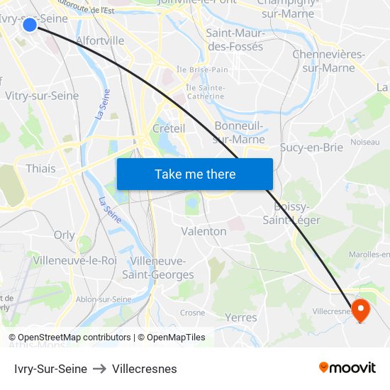 Ivry-Sur-Seine to Villecresnes map