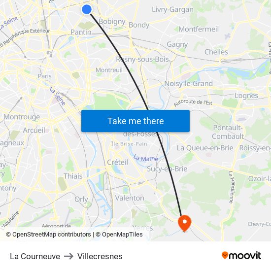 La Courneuve to Villecresnes map