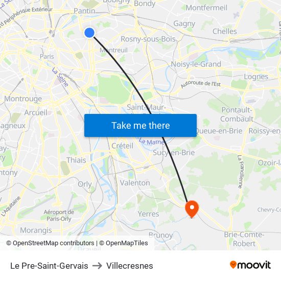 Le Pre-Saint-Gervais to Villecresnes map