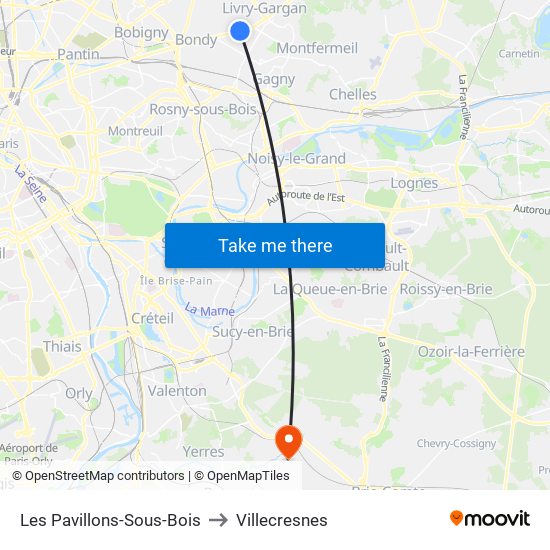 Les Pavillons-Sous-Bois to Villecresnes map