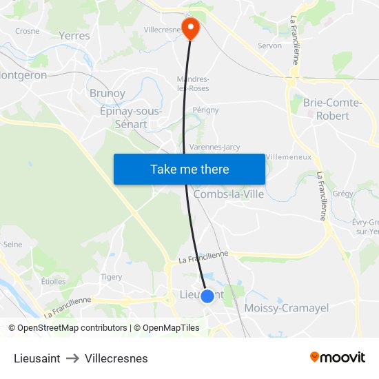 Lieusaint to Villecresnes map
