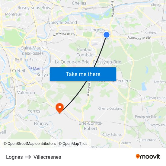 Lognes to Villecresnes map