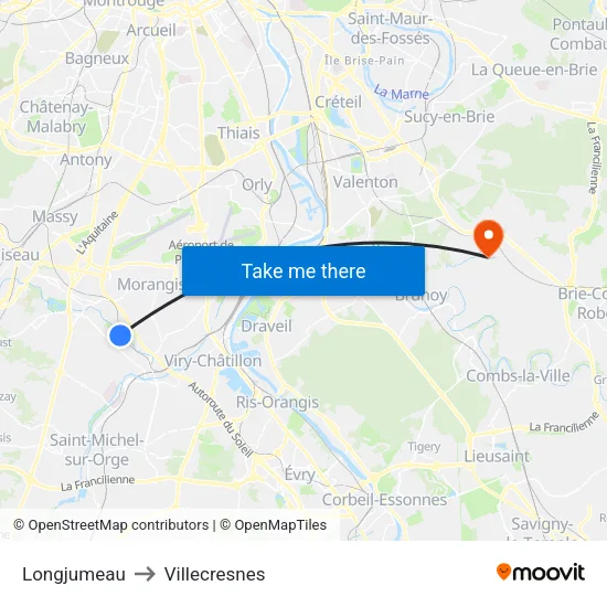 Longjumeau to Villecresnes map