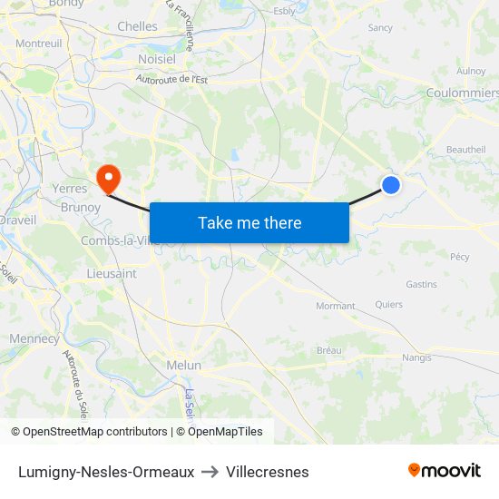 Lumigny-Nesles-Ormeaux to Villecresnes map