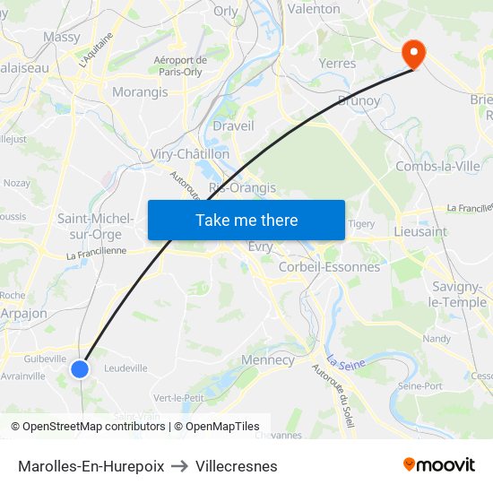 Marolles-En-Hurepoix to Villecresnes map