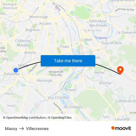 Massy to Villecresnes map