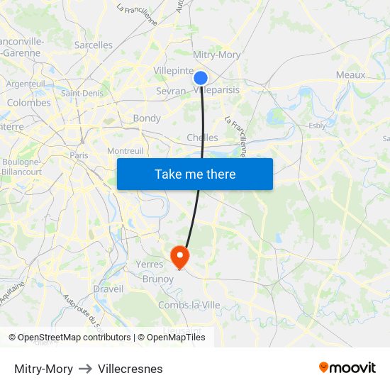Mitry-Mory to Villecresnes map