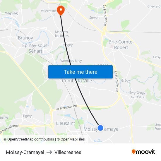 Moissy-Cramayel to Villecresnes map