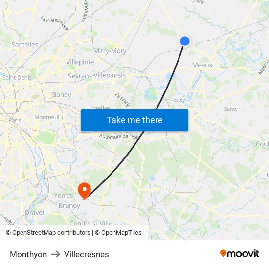 Monthyon to Villecresnes map