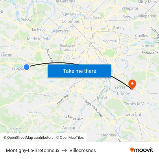 Montigny-Le-Bretonneux to Villecresnes map