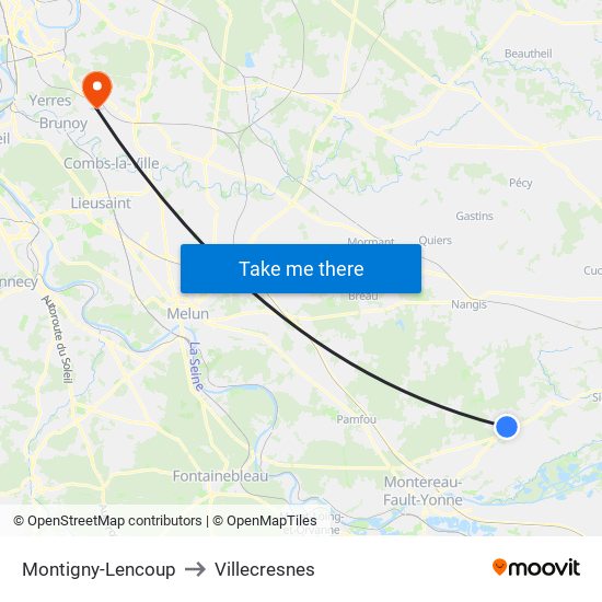 Montigny-Lencoup to Villecresnes map