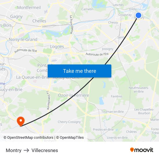 Montry to Villecresnes map