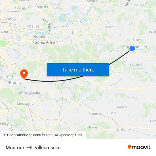 Mouroux to Villecresnes map
