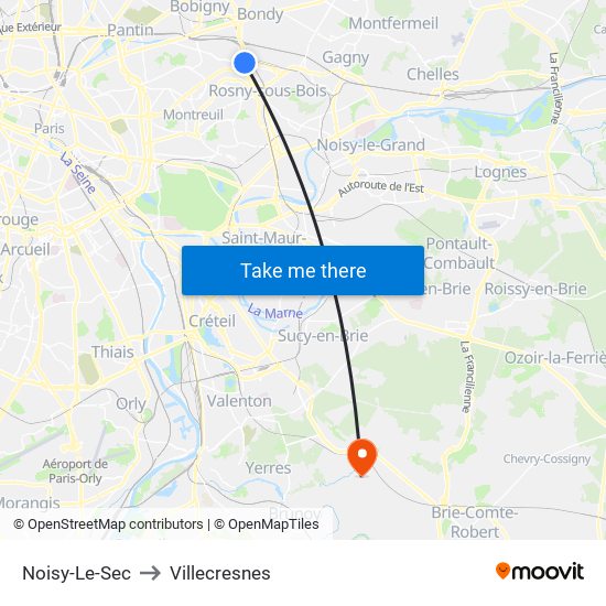 Noisy-Le-Sec to Villecresnes map