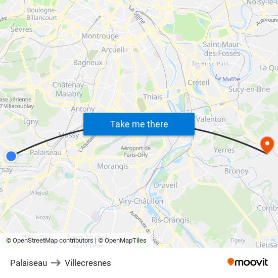 Palaiseau to Villecresnes map