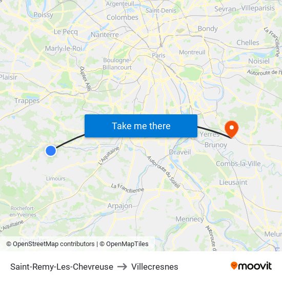 Saint-Remy-Les-Chevreuse to Villecresnes map