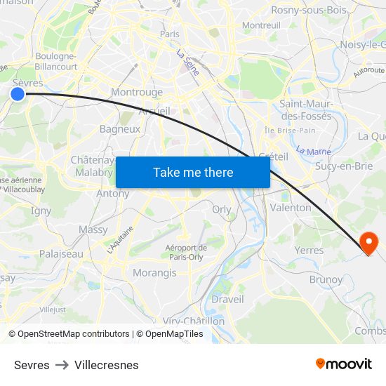 Sevres to Villecresnes map