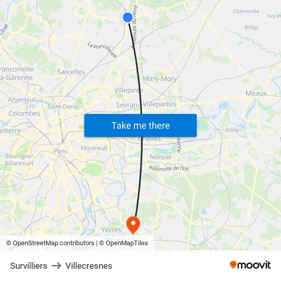 Survilliers to Villecresnes map