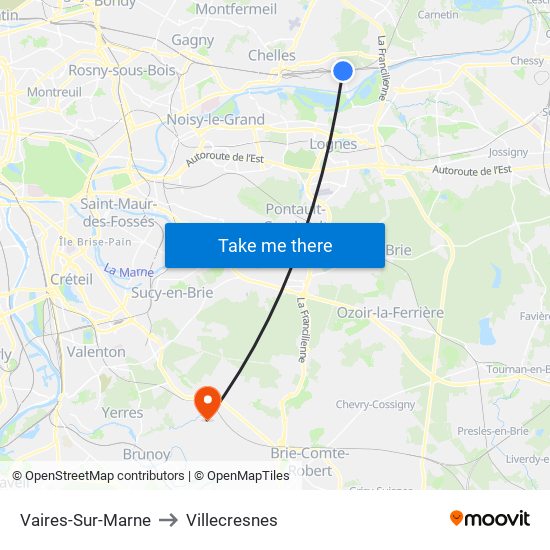 Vaires-Sur-Marne to Villecresnes map