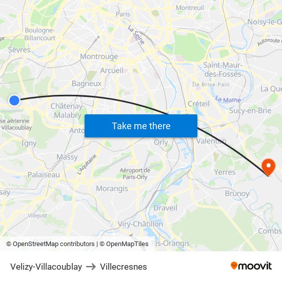 Velizy-Villacoublay to Villecresnes map