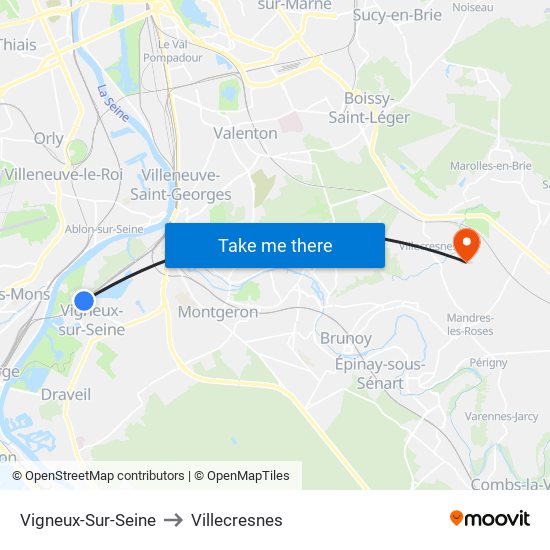 Vigneux-Sur-Seine to Villecresnes map