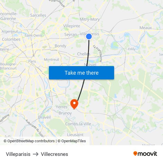 Villeparisis to Villecresnes map