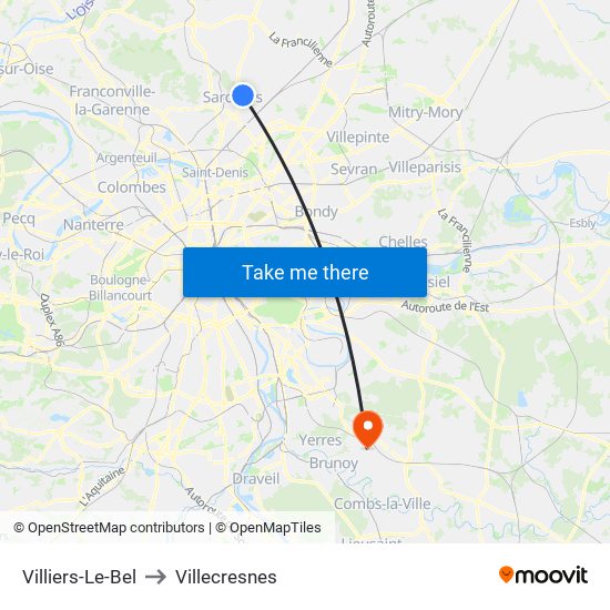 Villiers-Le-Bel to Villecresnes map