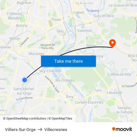Villiers-Sur-Orge to Villecresnes map