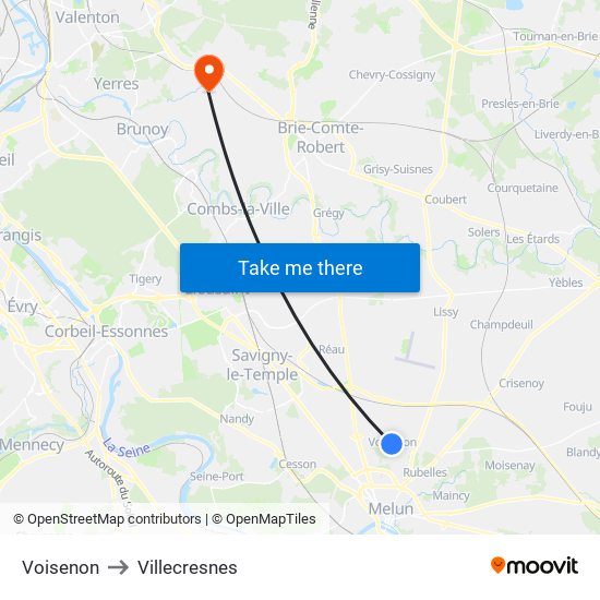 Voisenon to Villecresnes map