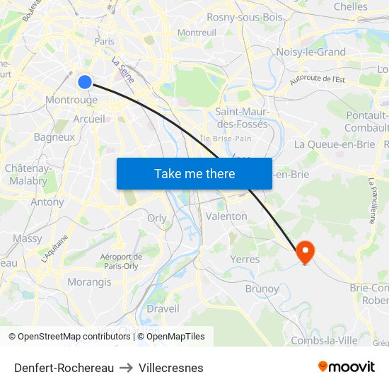 Denfert-Rochereau to Villecresnes map