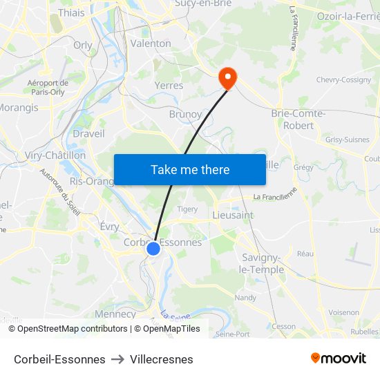 Corbeil-Essonnes to Villecresnes map