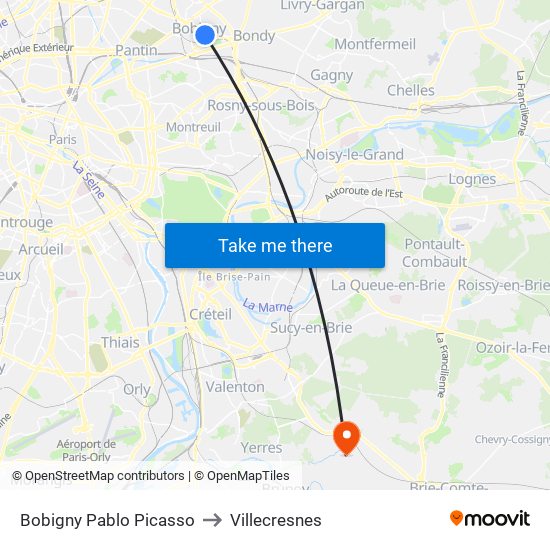 Bobigny Pablo Picasso to Villecresnes map
