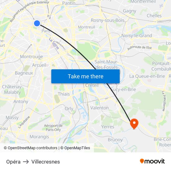 Opéra to Villecresnes map