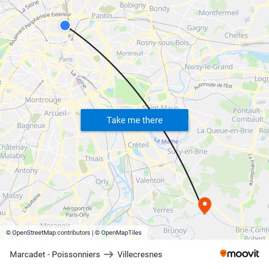 Marcadet - Poissonniers to Villecresnes map
