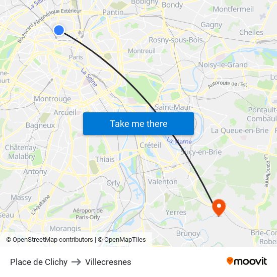 Place de Clichy to Villecresnes map