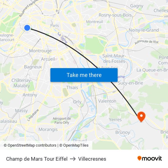 Champ de Mars Tour Eiffel to Villecresnes map