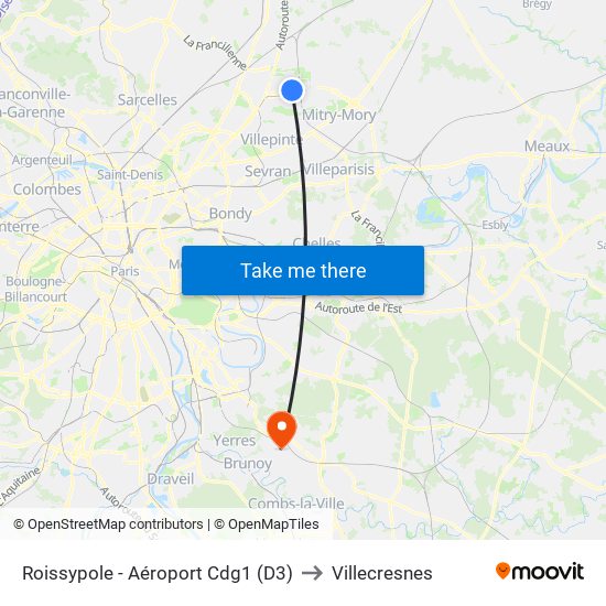 Roissypole - Aéroport Cdg1 (D3) to Villecresnes map